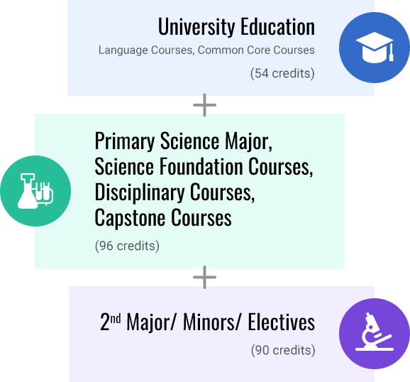 BSc Curriculum Structure: University Education (Language Courses, Common Core Courses) (54 credits) + Primary Science Major, Science Foundation Courses, Disciplinary Courses, Capstone Courses (96 credits) + 2nd Major/Minors/Electives (90 credits)